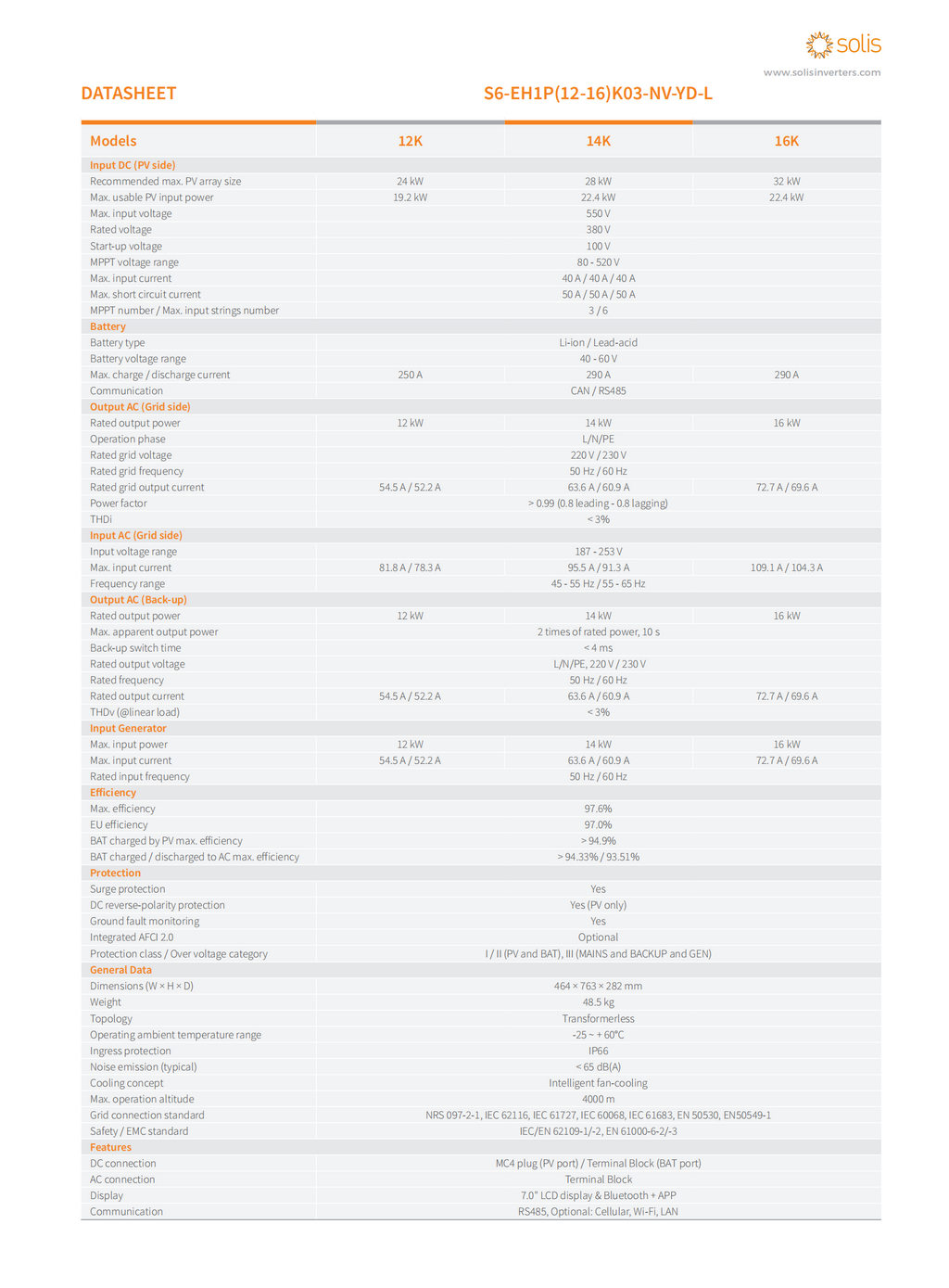 Solis 12KW 14KW 16KW Hybrid Inverter S6-EH1P(12-16)K03-NV-YD-L